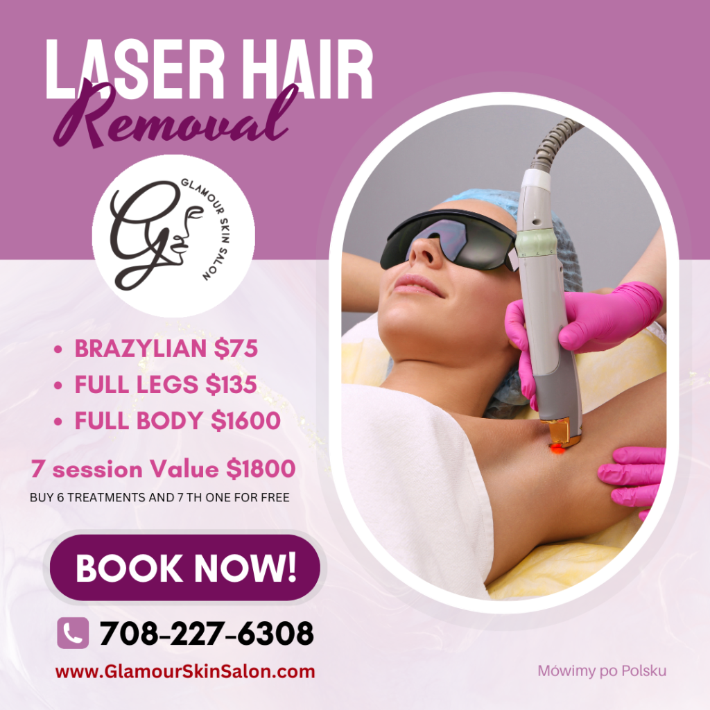 Laser Hair Removal treatment at Glamour Skin Salon in Palos Heights, IL, serving Orland Park, Oak Lawn, Worth, and Alsip for smooth, long‑lasting hair removal results.