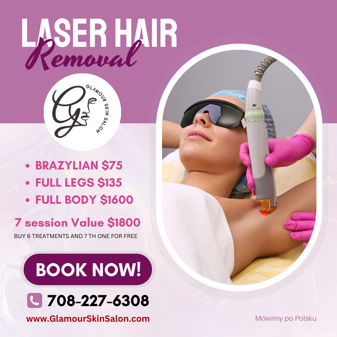Laser Hair Removal treatment at Glamour Skin Salon in Palos Heights, IL, serving Orland Park, Oak Lawn, Worth, and Alsip for smooth, long‑lasting hair removal results.
